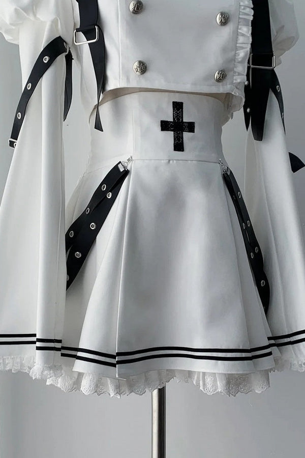 [Pre-order Deadline: November 15] White and Black Gothic Choker-Neck Bell-Sleeve Frilled Crop Top with Buckle Strap + Medical Cross Strap Skirt