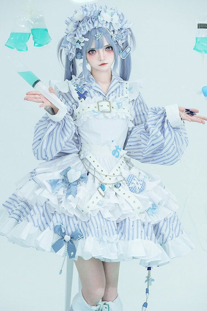 【11月5日予約締切】Blue White Striped Medical Lolita Nurse Sickly Kawaii Dress Suit Full Set (Shirt + Skirt + Apron + Back Ribbon + Leg Covers)