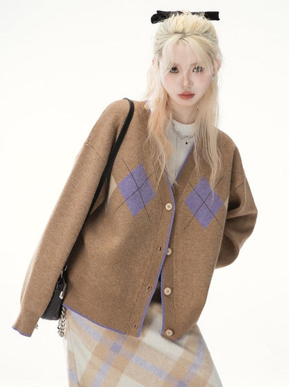 Brownie Camel Retro Loose Sweater V-Neck Cardigan