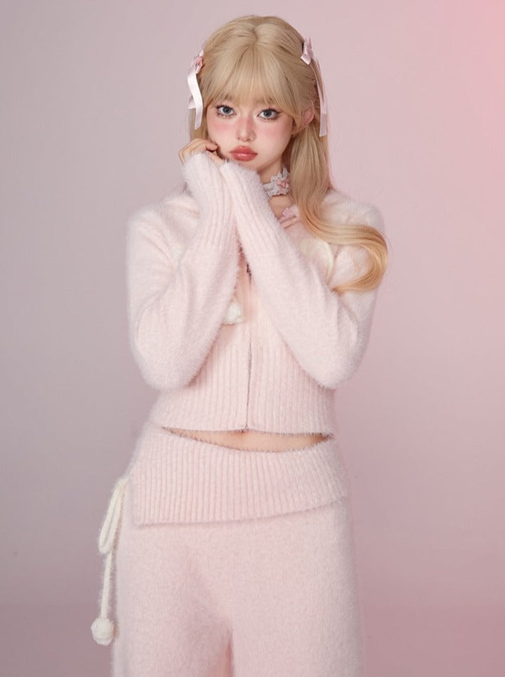 Marshmallow fur zip-up hooded parka + fur long pants