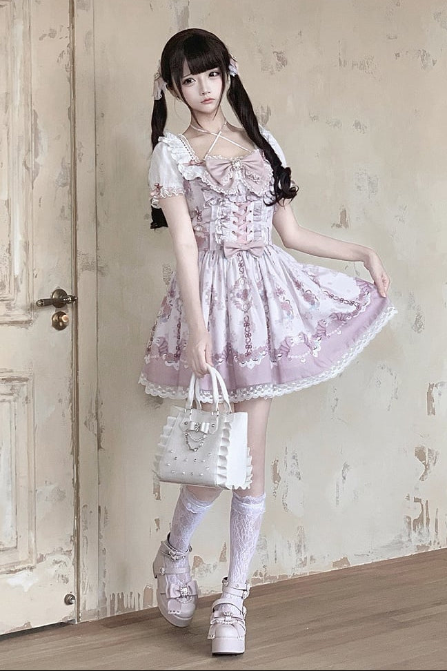 【6月15日予約締切】ロマンティックフローラルピンクレースアップジュエルリボンドレス