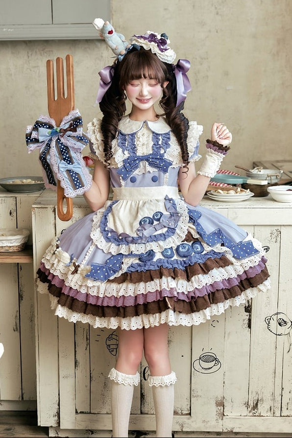 【8月8日予約締切】ブルーベリーカフェロリータOPドレス（ショート・ロング）＋エプロン＋ケーキミニハット
