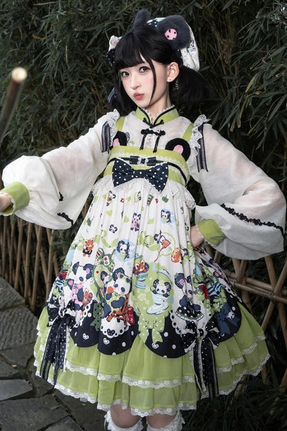 [Pre-order Deadline: October 25] Pink/Green Chinoiserie Lolita Sweet Panda Ear Bow High-Waist Tiered JSK Dress + Bow-Waist Panda Print Dress