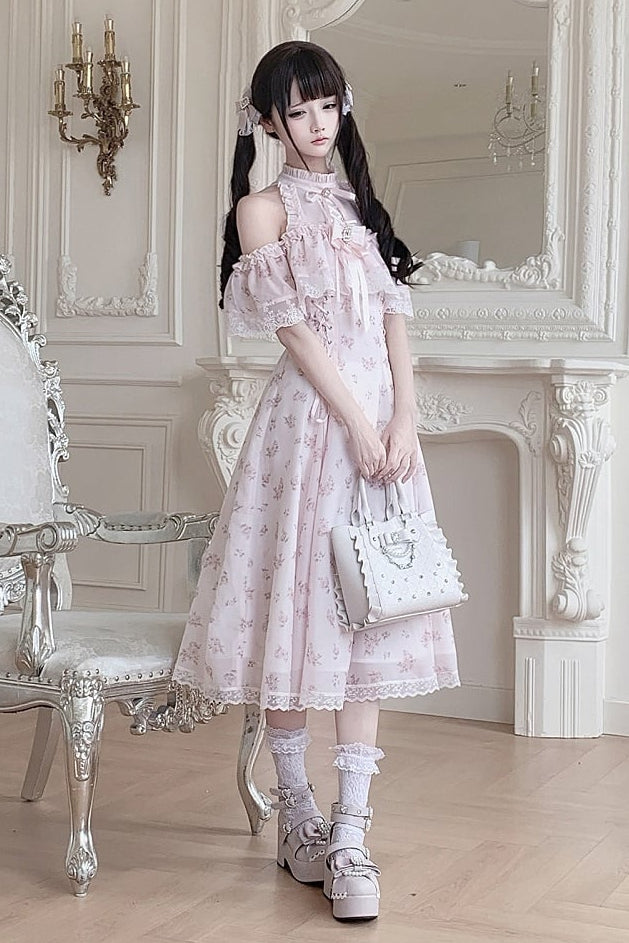 数量限定】ピンクフローラルシフォンレースジュエルリボンオープン