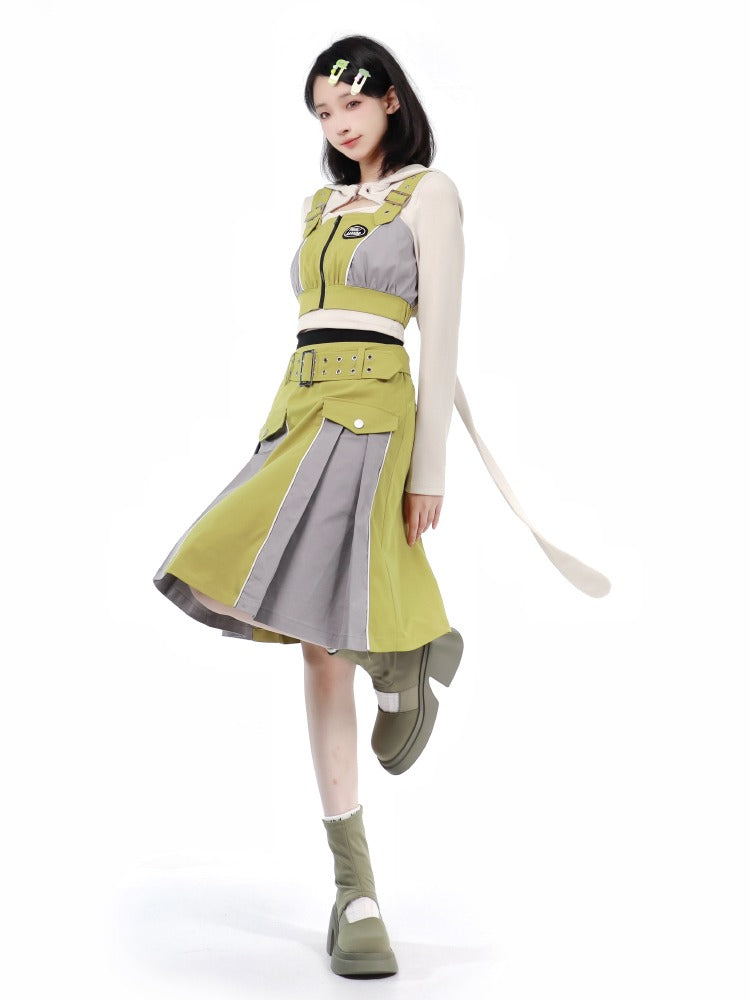 Lime Green American Workwear Jacket + Rabbit Top + Culottes + Short Vest + Middleskirt