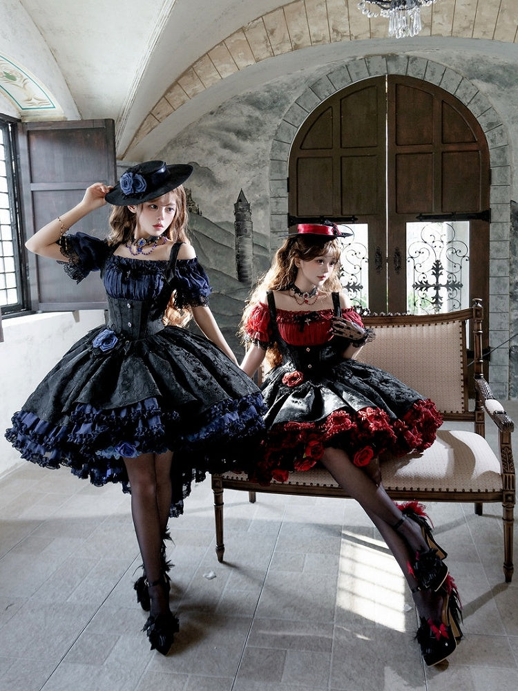 【4月28日预售截止】红蓝×黑色优雅哥特洛丽塔束身胸衣叠层JSK连衣裙+露肩蕾丝泡泡袖上衣