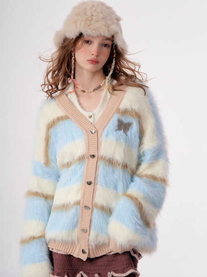 Butterfly Striped Fur Knit Cardigan