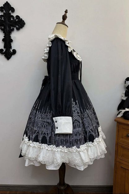 【10月13日予約締切】Gothic Doll Black White Cathedral Print Lace Trim Lolita Op Dress+ Full Dress Set (Flat Hat, Sash, Castle Flower Brooch)