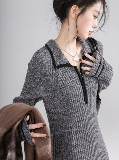 Luxembourg Mix Pattern Grey Wool Knit Dress