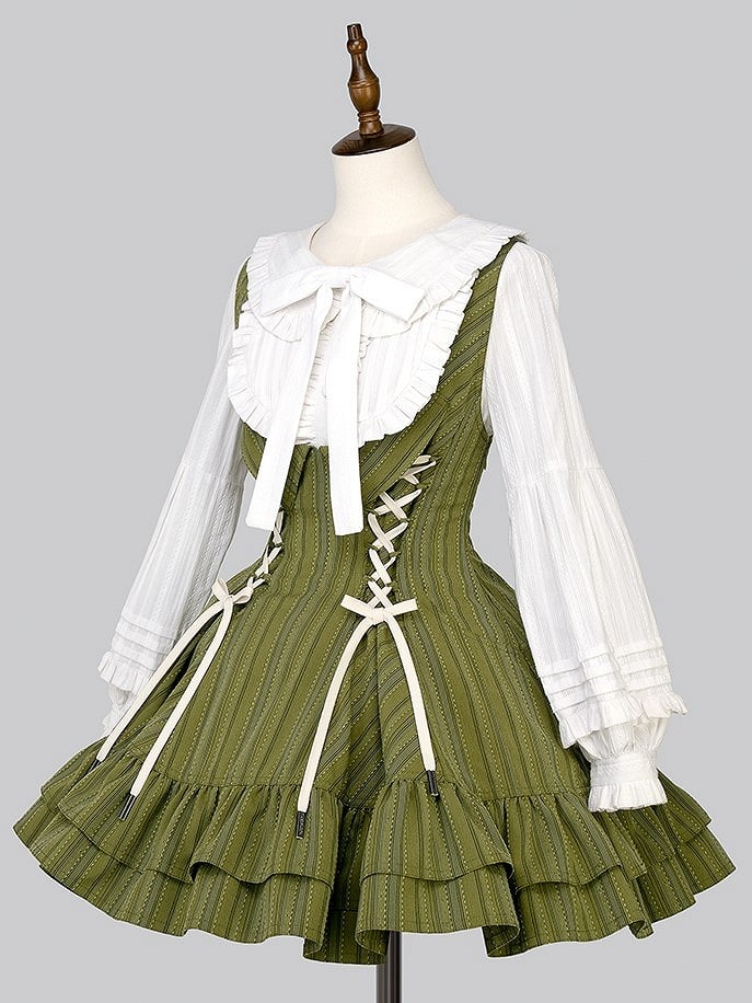【12月29日予約締切】ゴシックロリータダークカラーストライプバッククロスフリルサスドレス