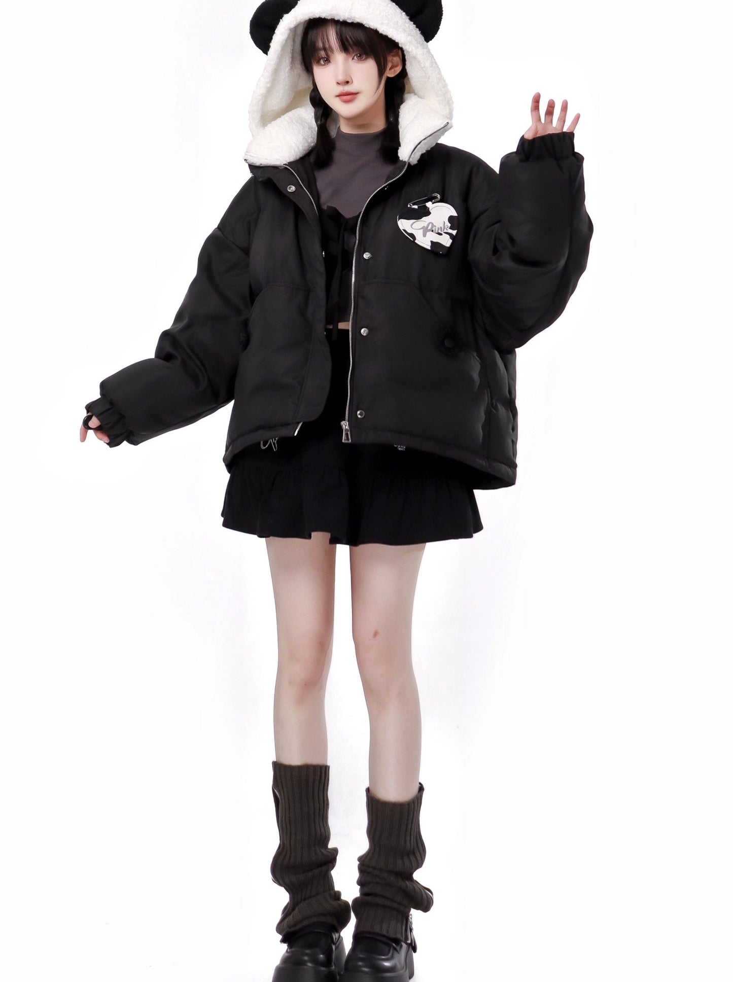 Sweet rabbit jacket + panda jacket + high neck top + shorts + flared skirt