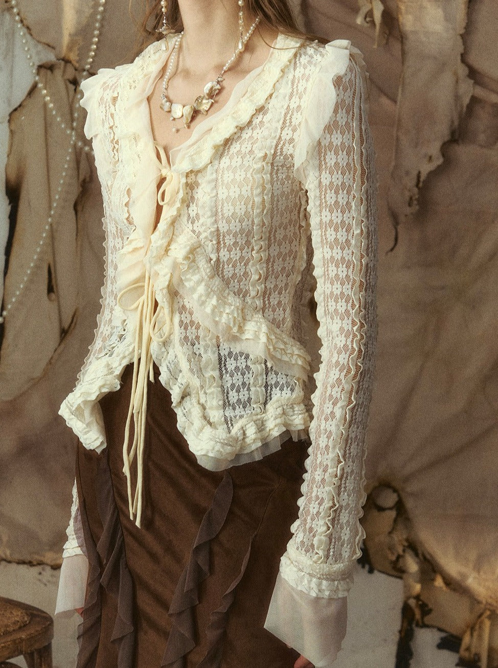 Voluminous Frilled Lace Knit Cardigan