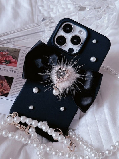 Étui pour téléphone portable à chaîne avec ruban de fourrure en forme de diamant et de perle