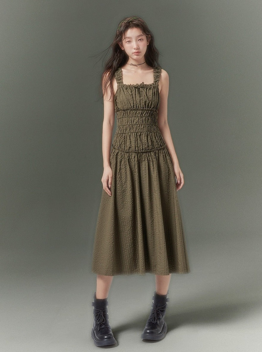 Dark Green Pleated Suspender Dress