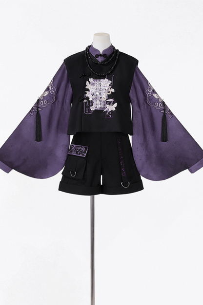 Dark china top + vest + shorts + necklace