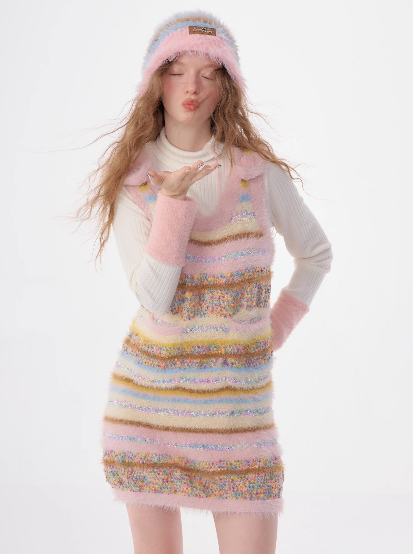 American Retro Color Grain Stripe Knit Vest Sleeveless Long Skirt