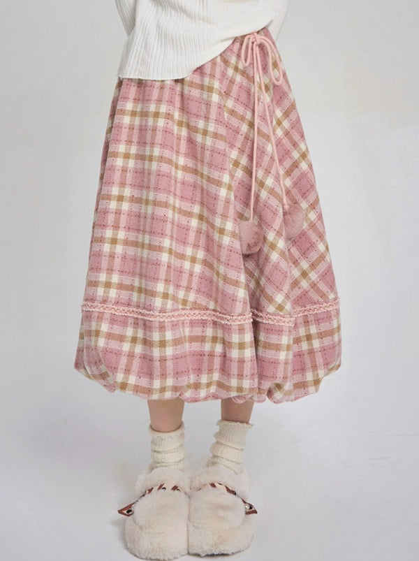 Pink Check Balloon High Waist A-Line Skirt