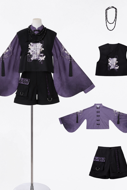 Dark china top + vest + shorts + necklace