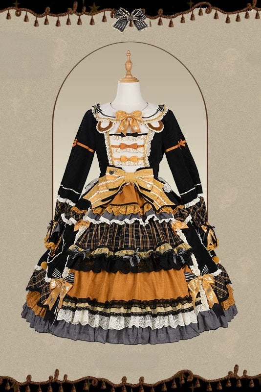 [Pre-order Deadline: September 8] Classic Bear White Collar Plaid Lace Bow Lolita Tiered One-Piece Dress+Vintage Teddy Bear Print Lace JKS Dress+Vintage Teddy Bear Print Plaid Collar Classic Lolita One-Piece Dress