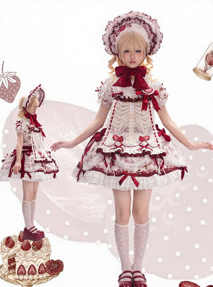 【11月4日予約締切】Strawberry Print Sweet Lolita Lace Bow JSK Dress + Puff Sleeve Lace Bow Doll Dress with Bone Embroidery Apron