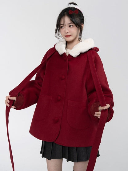 Wine Red Cat Hooded Short Wool Coat