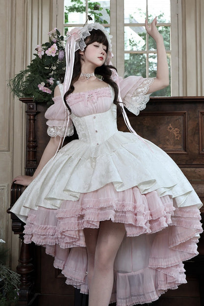 【4月28日予約締切】ピンク×ホワイトエレガントゴシックロリータコルセットレイヤードJSKドレス＋オフショルダーレースパフトップス