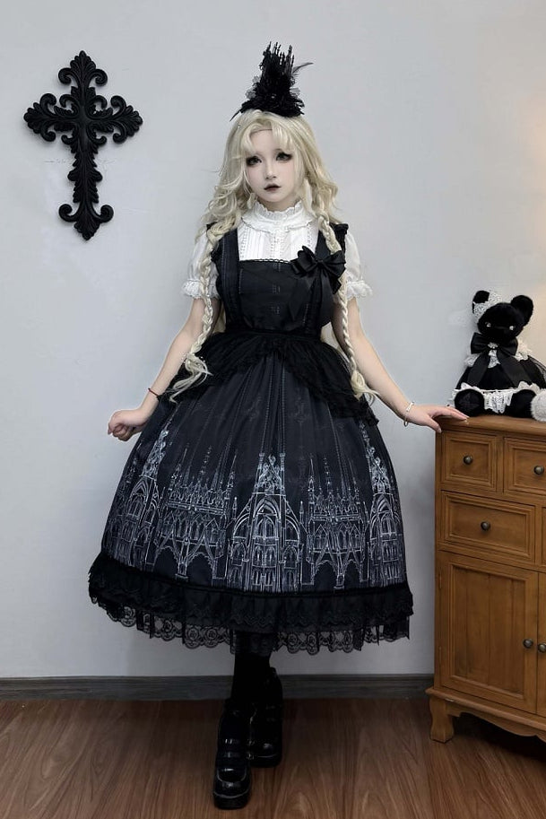 【10月13日予約締切】Gothic Lolita Black White Cathedral Print Lace Trim JSK Dress + Full Dress Set (Detachable Sleeved Shirt, Mini Hat, Apron, Brooch)