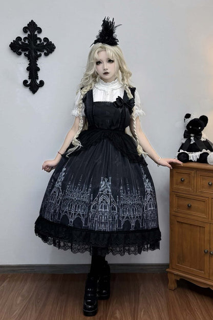 【10月13日予約締切】Gothic Lolita Black White Cathedral Print Lace Trim JSK Dress + Full Dress Set (Detachable Sleeved Shirt, Mini Hat, Apron, Brooch)