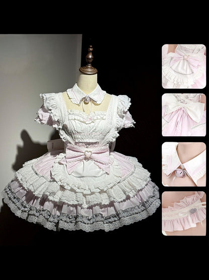 [Pre-Order] Pink Sweet Lolita Ruffle Maid Dress Set (Detachable Collar with Bells + Waist Apron with Ribbon + Back Ribbon + Leg Rings)