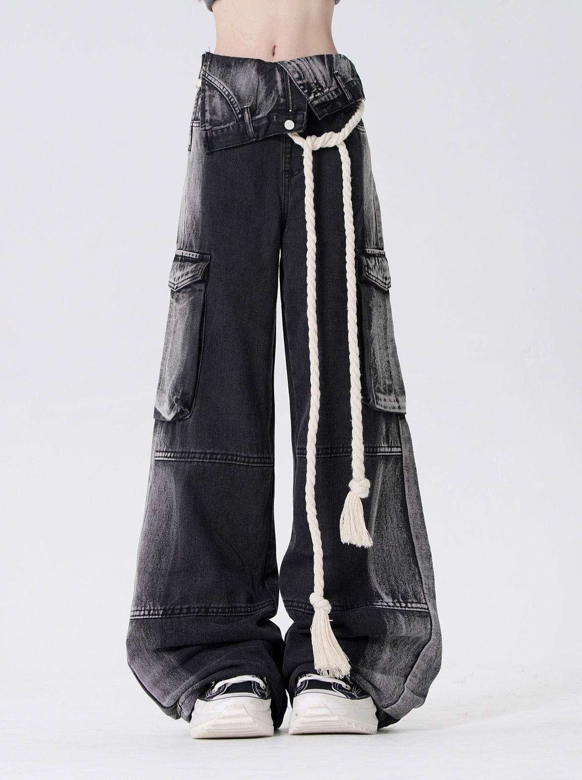 Side-osh design loose cargo denim pants + belt