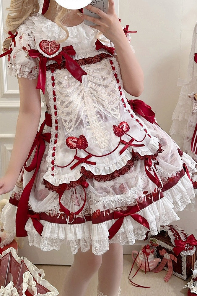 【11月4日予約締切】Strawberry Print Sweet Lolita Lace Bow JSK Dress + Puff Sleeve Lace Bow Doll Dress with Bone Embroidery Apron