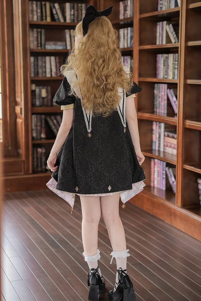 【10月13日予約締切】Magic Academy Starry Diamond Pendant Bow Lolita Dress + Black Lace Trim Bow Puff Sleeve Jacket + Detachable Star Embroidery Ribbon Frill Collar + Full Set