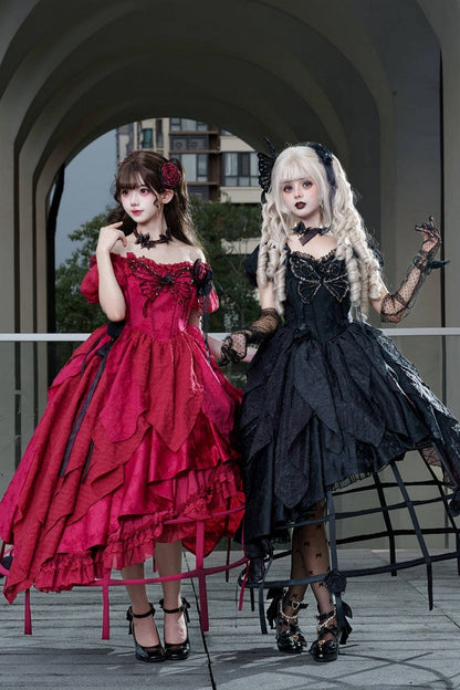 【10月28日予約締切】Red Butterfly Gothic Lolita Puff Sleeve Dress Top + Layered Ruffle Asymmetrical Hem Skirt Set (With Chest Brooch + Waist Brooch)