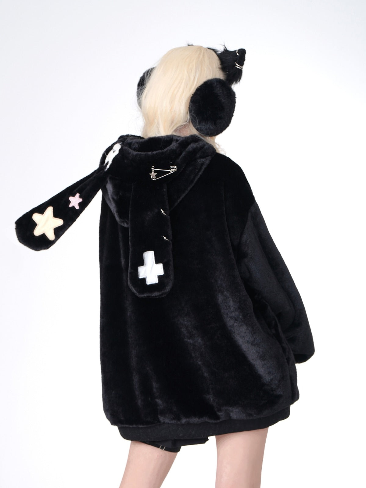 Star Catch Gray Bunny Ears Hood Loose Fur Jacket