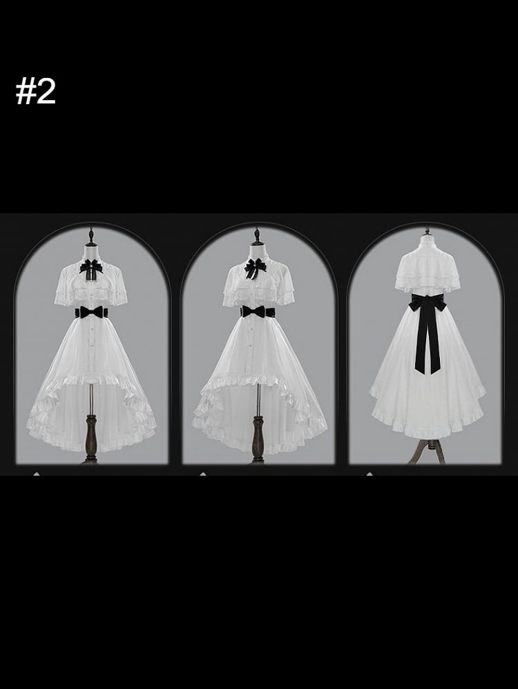 【10月8日予約締切】White Classic Lolita Black Bow High-Low Dress(Sheer lace hem version / Plain satin frill hem version)
