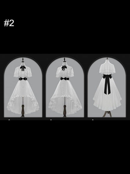【10月8日予約締切】White Classic Lolita Black Bow High-Low Dress(Sheer lace hem version / Plain satin frill hem version)