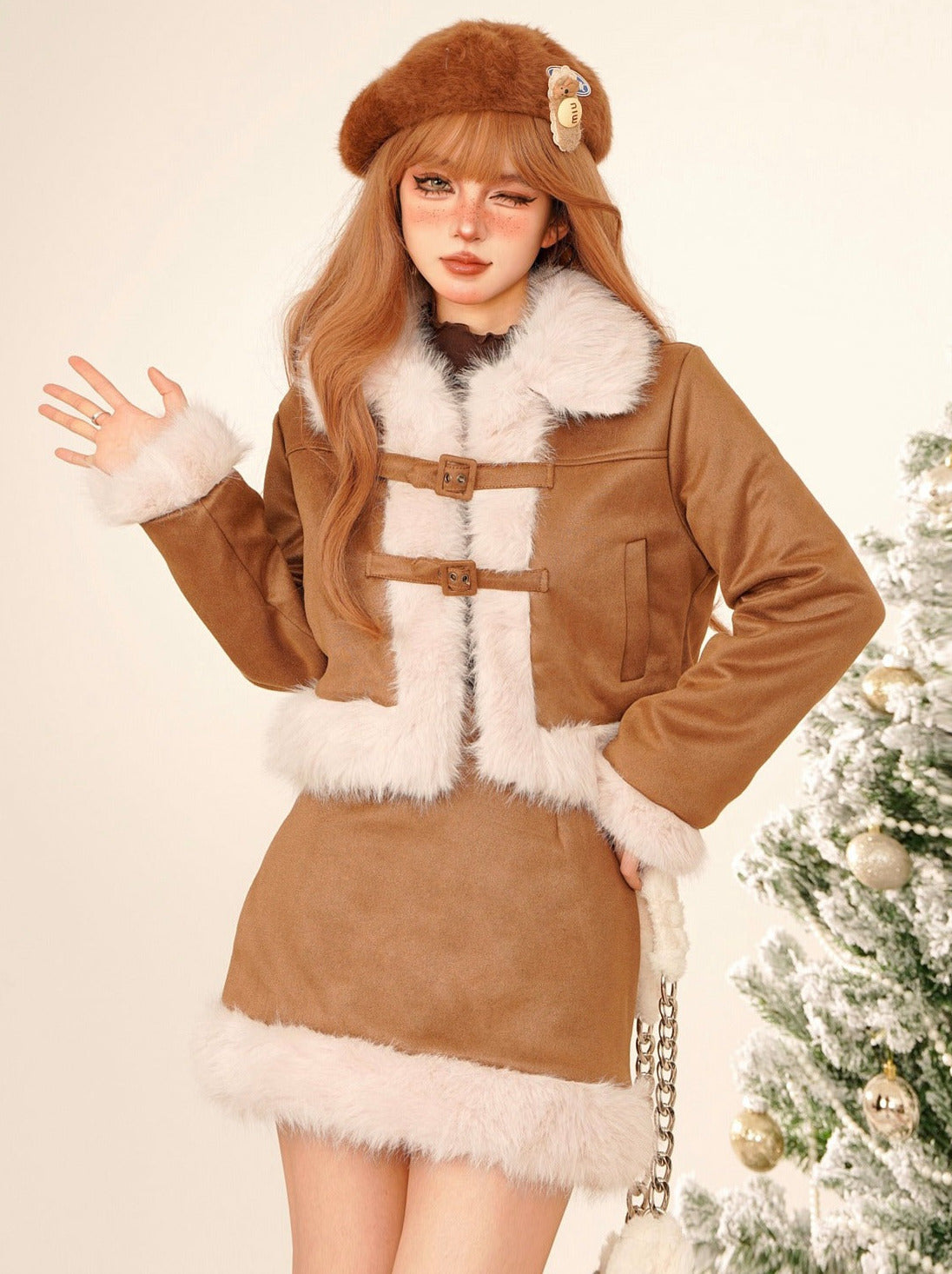 Cream Muffin Short Khaki Fur Plush Jacket + Skirt