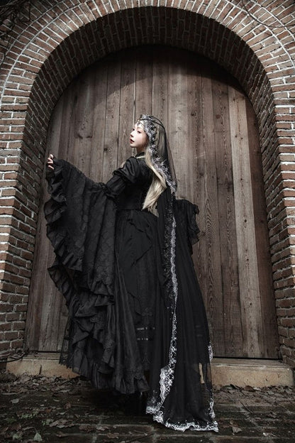 【11月2日予約締切】Born Nocturne Black Gothic Puff Sleeve Lace Layered Long Dress (with Bow Tie) + Embroidered Corset Belt + Detachable Oversized Bell Sleeves