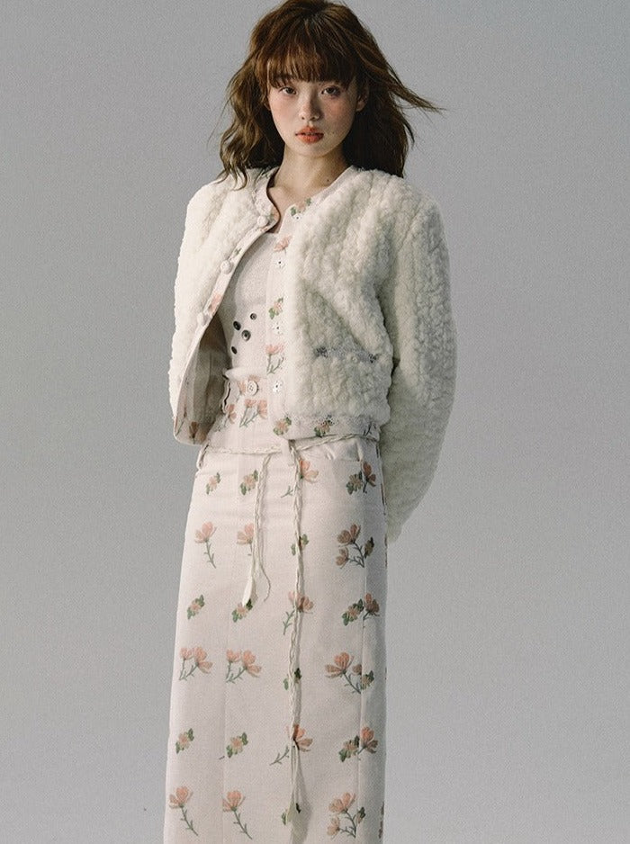 Mokomoko Fur Flower Jacquard Round Neck Wool Jacket