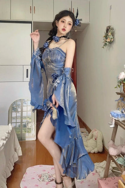 Amour Rose Bianca White and Blue Mermaid Dress Set