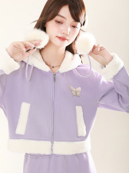 Fur Ball Hoodie Purple Zip Sweat Jacket + Skirt