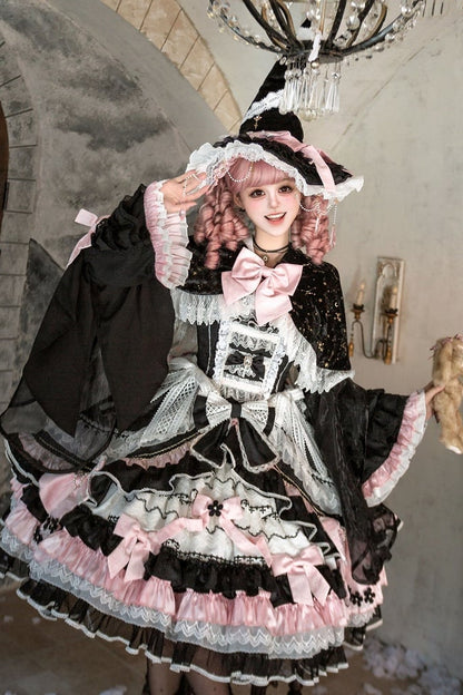 [Date limite de précommande : 14 septembre] Ensemble complet Gothic Black Pink Witch : robe JSK à croix + grande traîne à nœud + cape à capuche + manches amovibles + chapeau de sorcière + manches extérieures