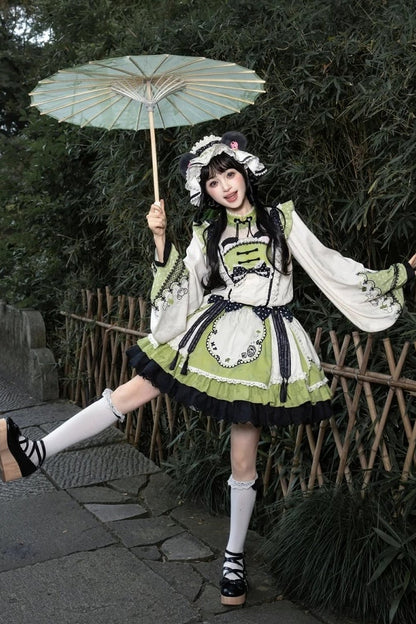 [Pre-order Deadline: October 25] Pink/White/Green Chinoiserie Lolita Sweet Panda Polka Dot Lace Apron Ruffle OP Dress