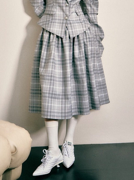 Diamond Check Waist Blazer + Short Skirt + Long Skirt