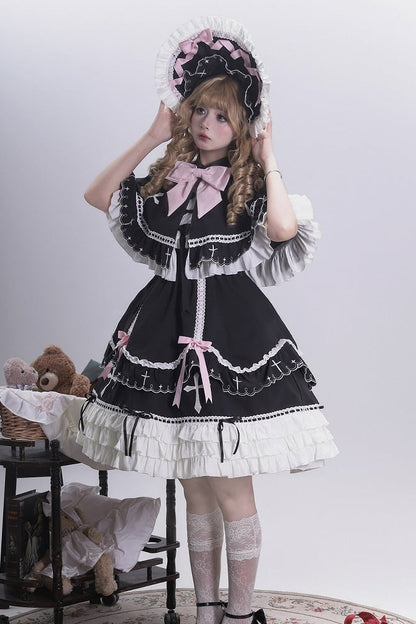 【10月4日予約締切】Black Pink Gothic-Inspired Sweet Lolita Ribbon Ruffle Dress＋Cross Embroidery Ribbon Cape