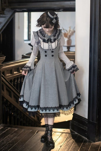 [Pre-order Deadline: May 19] Gray-Black Classic Lolita Top, JSK One-Piece & Bow Tie 3-Piece Ensemble