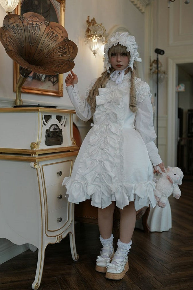 [November 15 Reservation Deadline] White Doll Style Front & Back Two-Way Ruffle Ribbon Lolita Dress (Short/Long) + Matching Shorts (Short/Long) + BB Hat