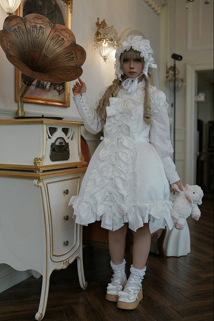 [November 15 Reservation Deadline] White Doll Style Front & Back Two-Way Ruffle Ribbon Lolita Dress (Short/Long) + Matching Shorts (Short/Long) + BB Hat