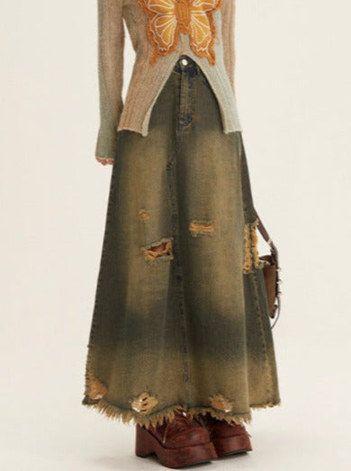 Retro color ripped denim A-line long skirt