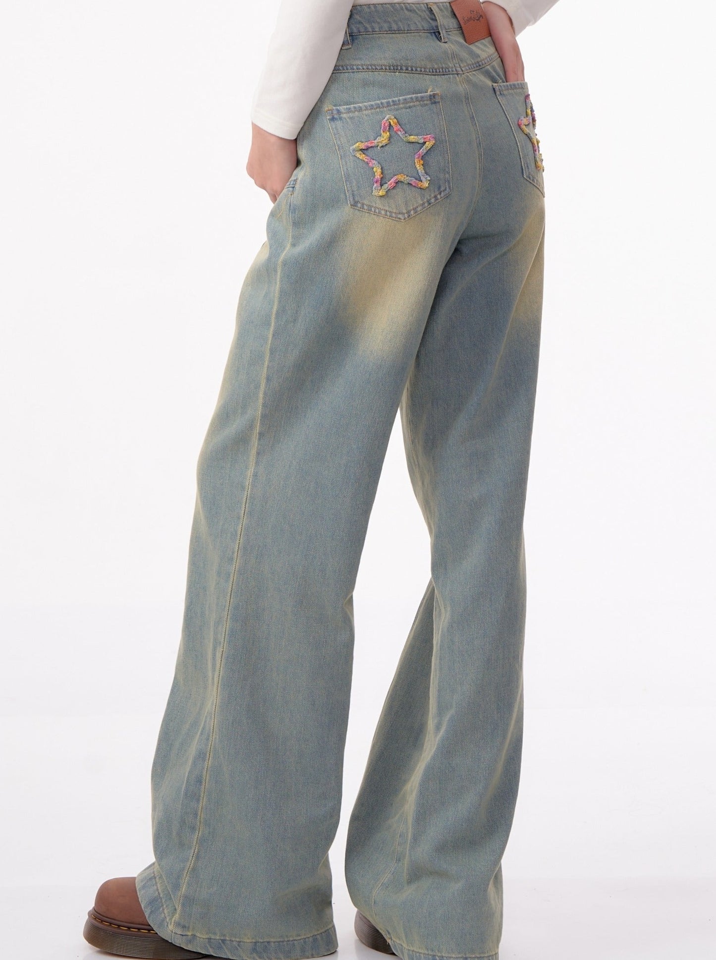 Light Blue American Retro Star Denim Pants